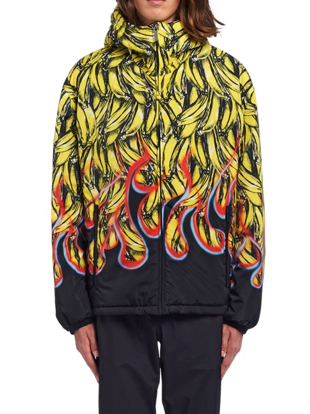 Prada Bananas & Flames Padded Jacket FW 2018 Nylon Black Yellow Men’s Size Small
